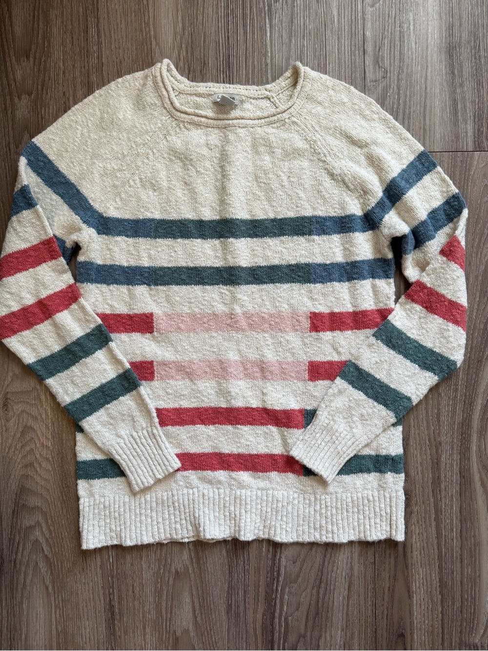 L.L. Bean Cream Crewneck Sweater with Blue, Green, and Red Stripes